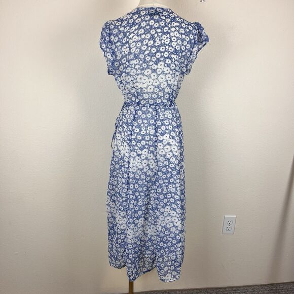 Urban Outfitters Dress Womens Medium Jessica Cap Sleeve Floral Wrap Midi Blue - Picture 2 of 16